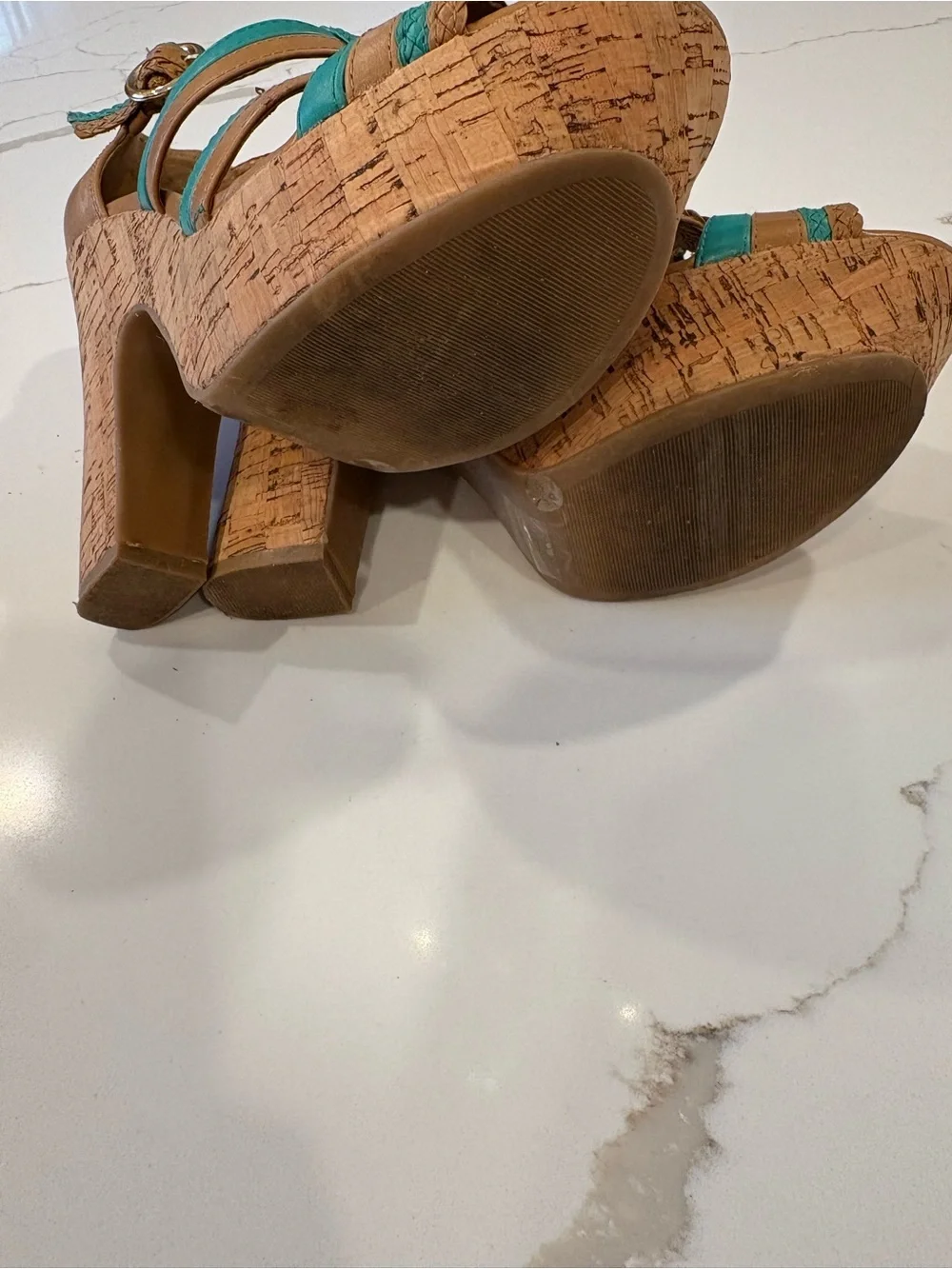 Y2K BCBGeneration Cork Chunky Strappy Platform Heels Turquoise Blue Tan Sandals